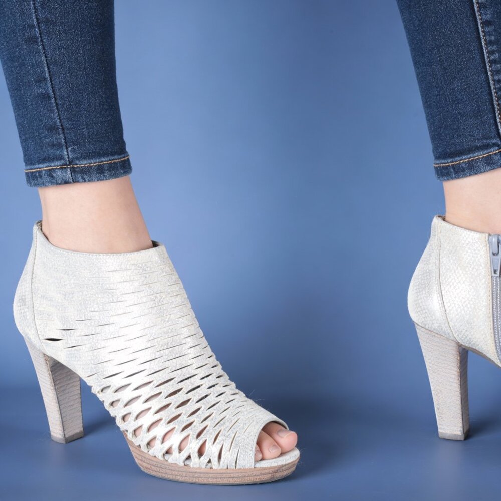 Silver Peep-Toe Booties | Laser Cut Detail | Chic Heel